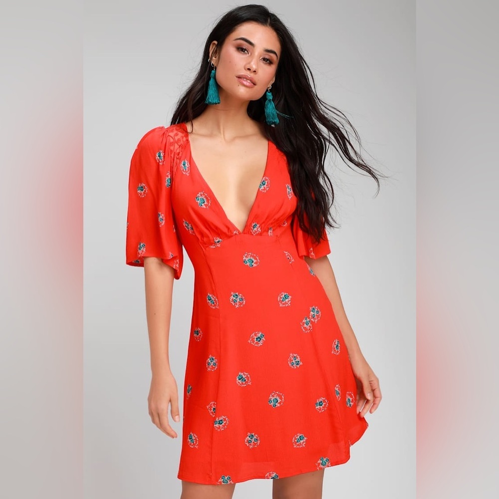 Free People Mockingbird Coral Red Floral Print Backless Mini Dress Size 6